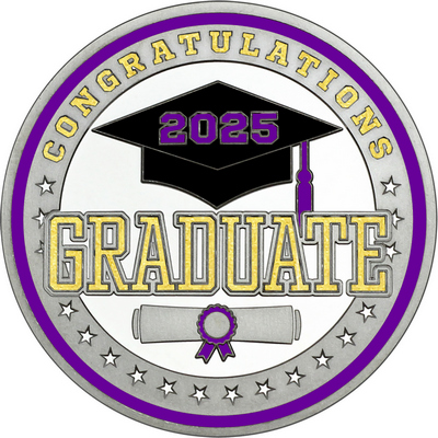 Gold "Congratulations Graduate" with Purple 2025, Rim, Tassel & Ribbon